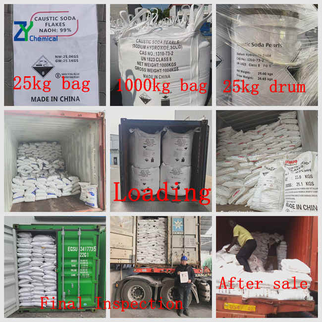 Sac de 25kg de soude caustique perlée NaOH 99% Tianjin Zhongying, disponible pour achat et livraison directe vers les ports d'Afrique.