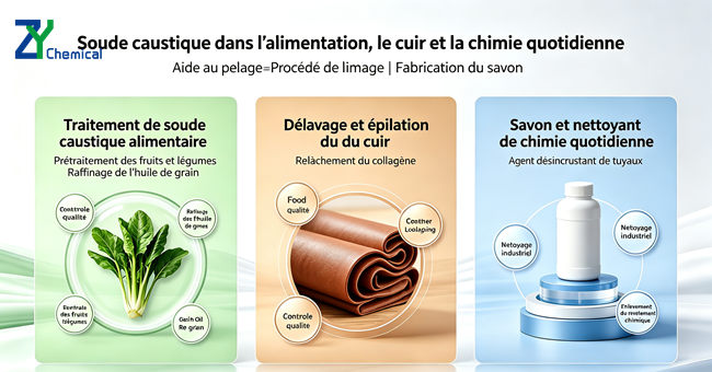 Applications de la soude caustique de ZY Chemical dans l'alimentation, le cuir et les produits de nettoyage de chimie quotidienne