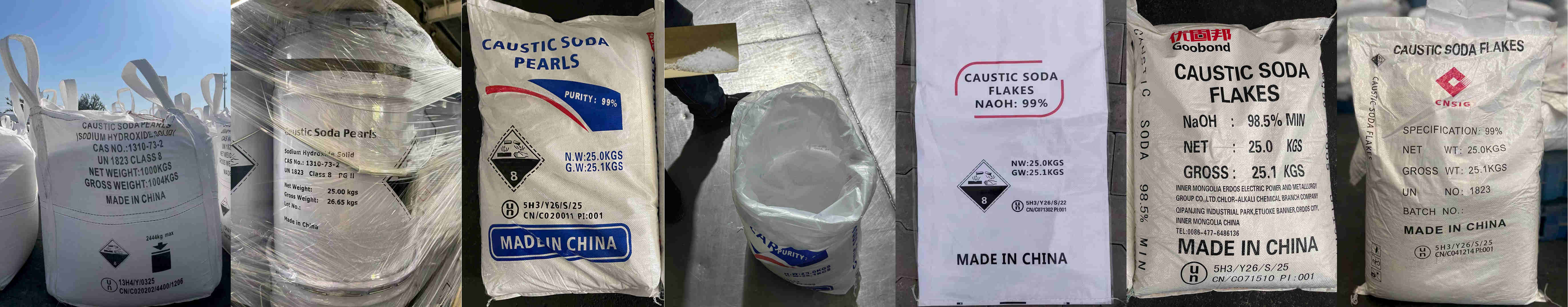 Conditionnement de sécurité pour la soude caustique (NaOH 99%). Sacs étanches de 25 kg en polypropylène renforcé avec doublure polyéthylène