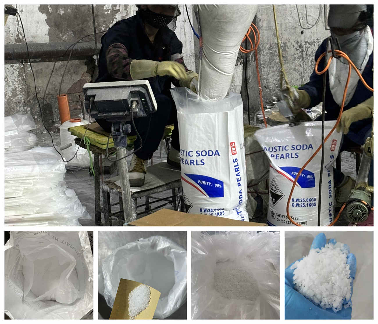 Sac de soude caustique 25kg emballage étanche double couche PP PE avec soude caustique perle et paillette en entrepôt